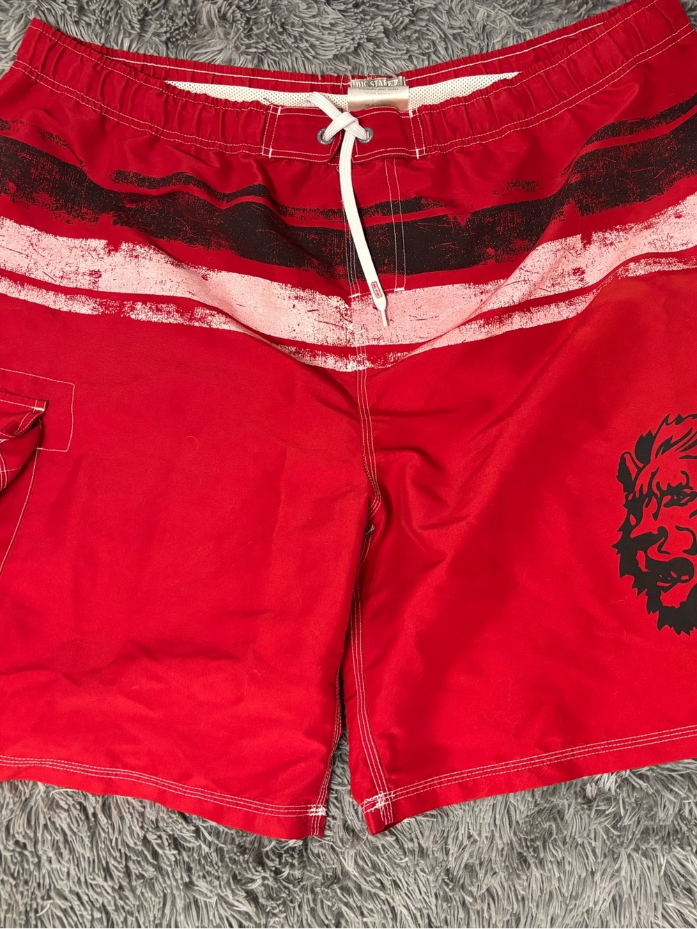 Big Star Red Athletic Swim Shorts with White Drawstring and Black Graphic